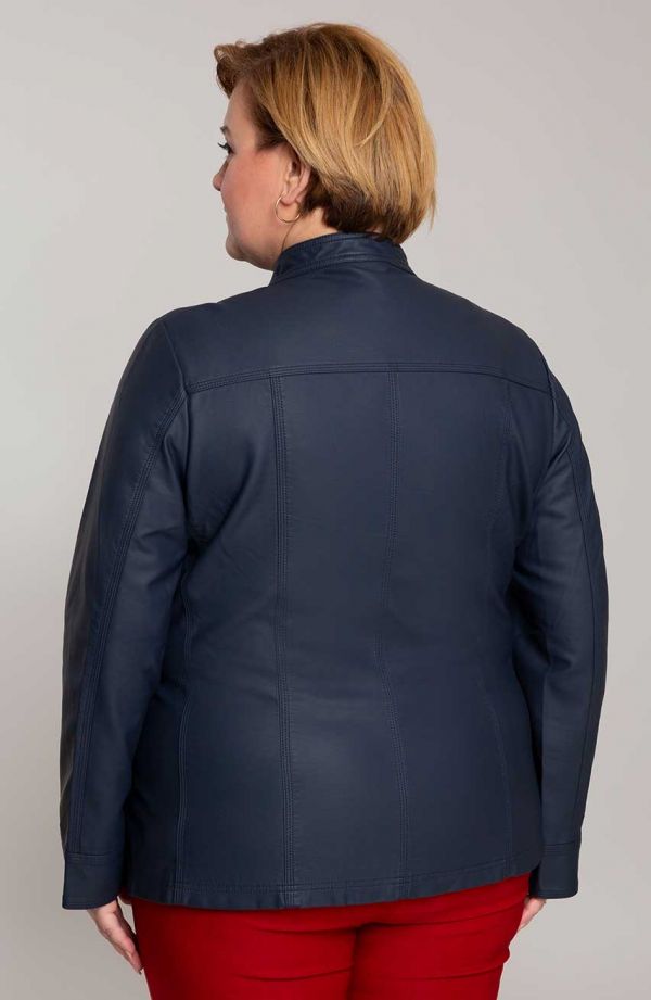 Mereväesinine ökonahkne jakk, millel on püstipealne krae